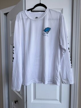 Unisex White Long-Sleeve Dri-Fit Shirt with Blue Fish Graphic